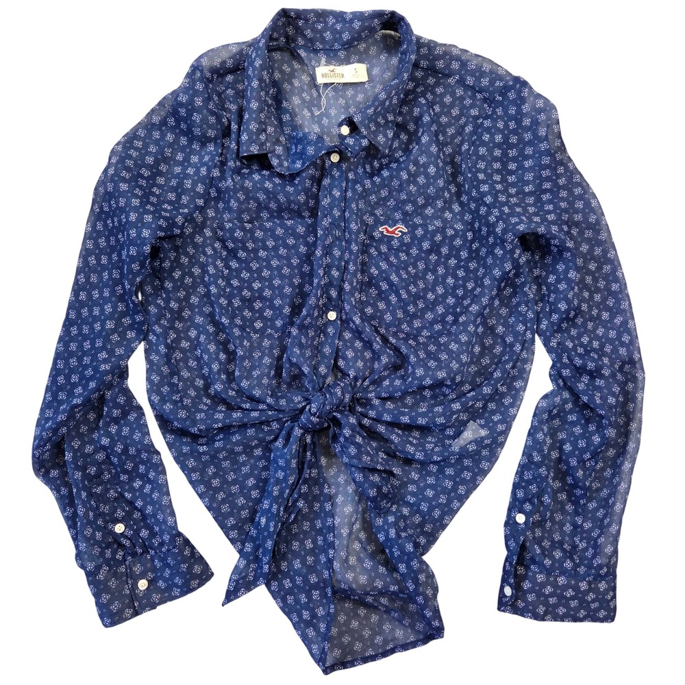 Hollister Womens Navy Blue Sheer Floral Tie Front Button‎ Down Shirt Small Y2k